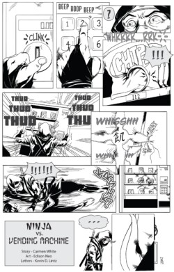 One page <a href="https://thecomicjam.com/" target="_blank" rel="noopener noreferrer">Comic Jam</a> story "Ninja vs. Vending Machines" by <b><a href="http://carmenwhitebooks.blogspot.com/" target="_blank" rel="noopener noreferrer">Carmen White</a></b> and <b><a href="https://www.instagram.com/neocomicart/" target="_blank" rel="noopener noreferrer">Edison Neo</a></b>